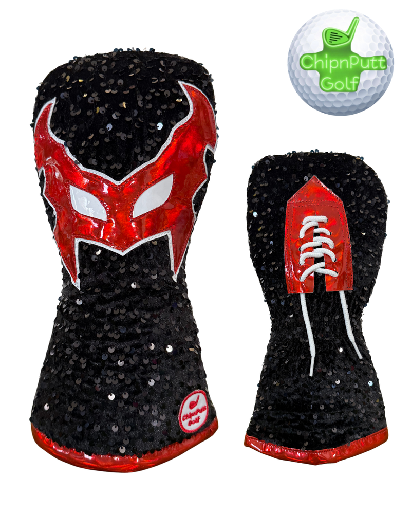 New! Limited Edition, ChipnPutt Golf  Handmade Sequins Luchador Black & Red Mask, Driver Headcover.