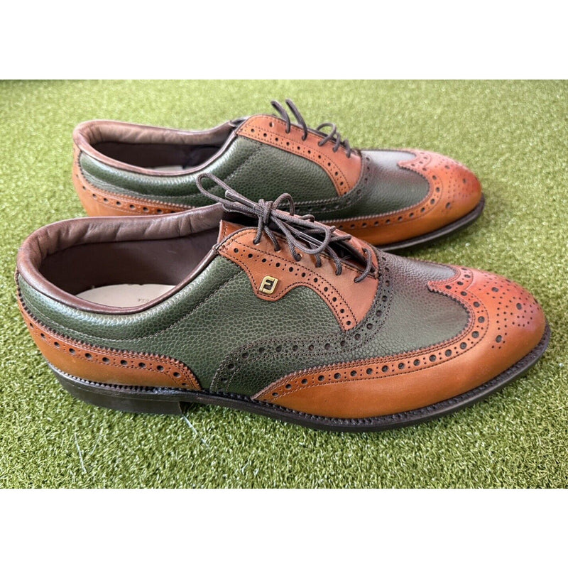 Footjoy Classics Men's Golf Shoes Green Tan Pebbled Leather Saddle 10.5 D, NEW!