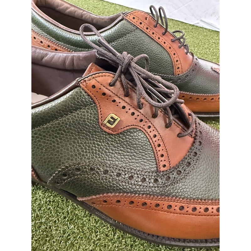 Footjoy Classics Men's Golf Shoes Green Tan Pebbled Leather Saddle 10.5 D, NEW!