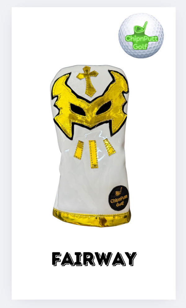 New! ChipnPutt Golf  Handmade Luchador White & Gold Mask,  Fairway Headcover.