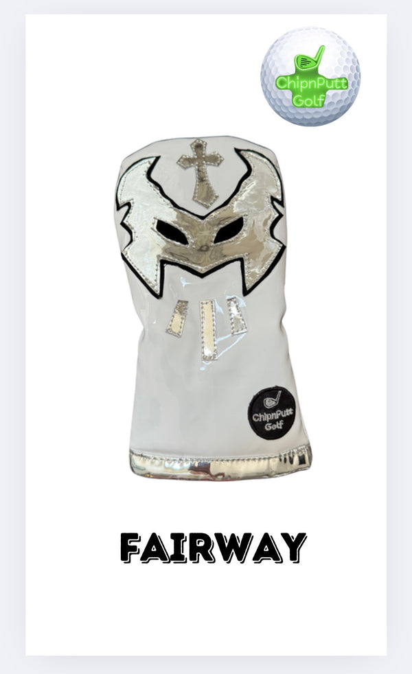 New! ChipnPutt Golf  Handmade Luchador White & Silver Mask,  Fairway Headcover.
